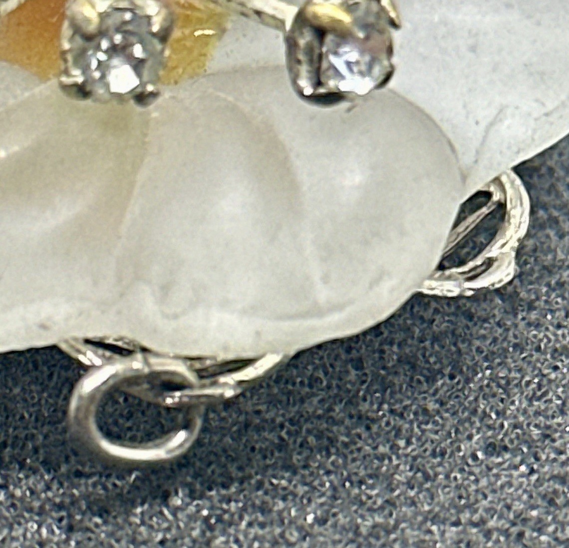 Vintage Carved Frosted Quartz Flower Silver Tone Rhinestone Center Pendant Charm
