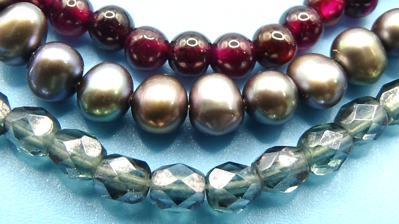 925 Sterling Silver Triple Strand Bracelet, Amethyst, Crystal & Peacock Pearl