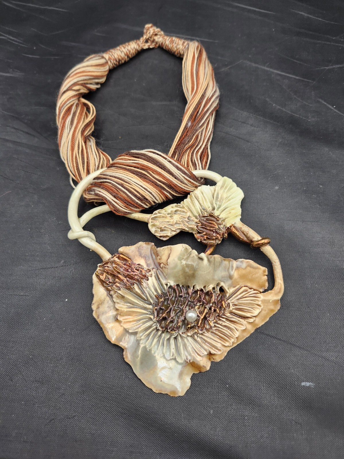 Vtg Art Pottery Pin Brooch / Necklace Earthtones & Bronze Artist Signed Raku?