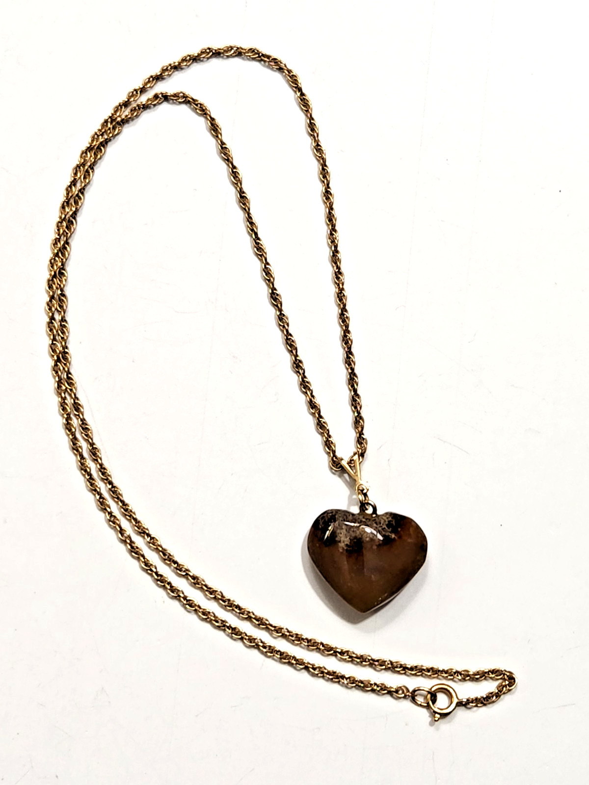 Vtg Dendritic Agate Heart Pendant Necklace Goldtone Rope Chain Earthtones Retro