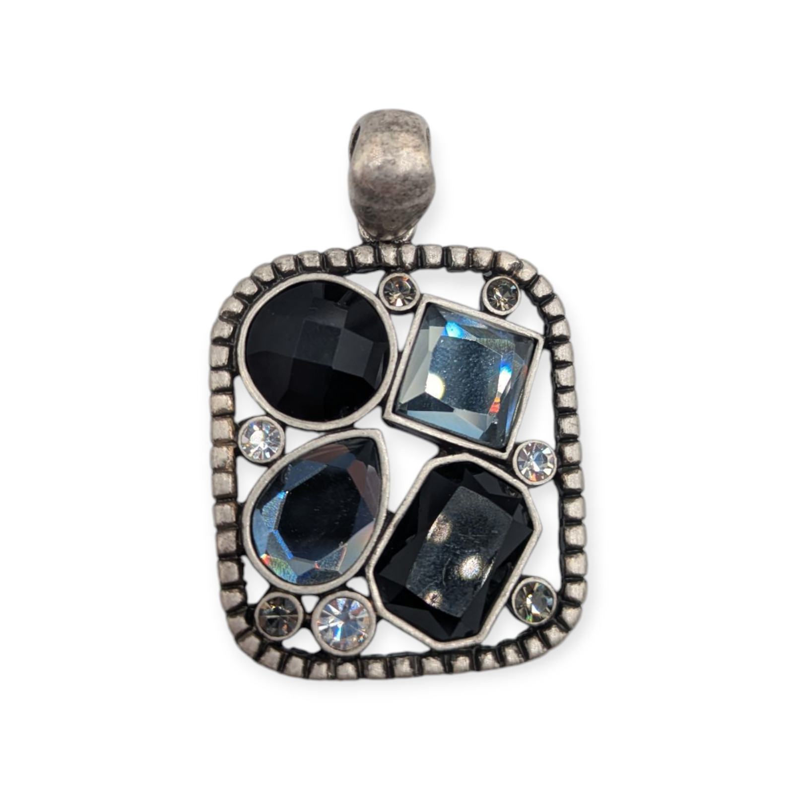 Lia Sophia Grey Gray & Black Rhinestone Silver Tone Square Pendant 2″ x 1.25″