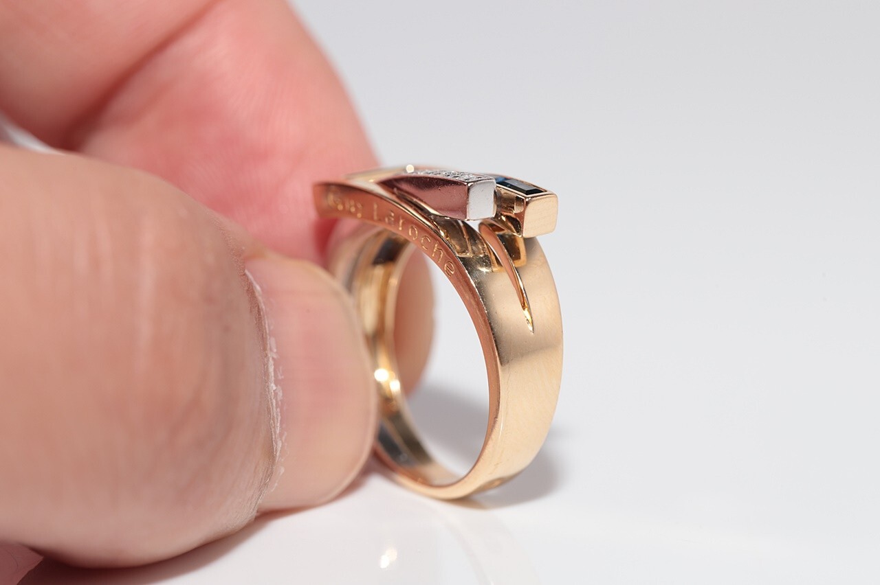 Vintage Circa 1990s 18k Gold Natural Diamond And Baguette Cut Sapphire Ring