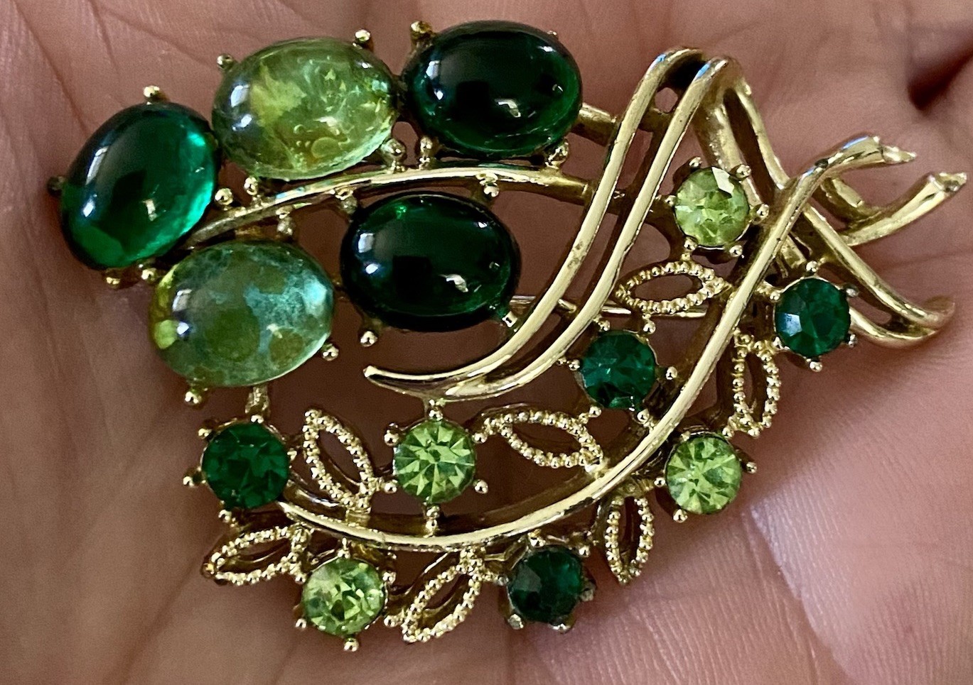 Vintage Uranium Glass Brooch Lime Green Rhinestones With Cabochons Signed Coro