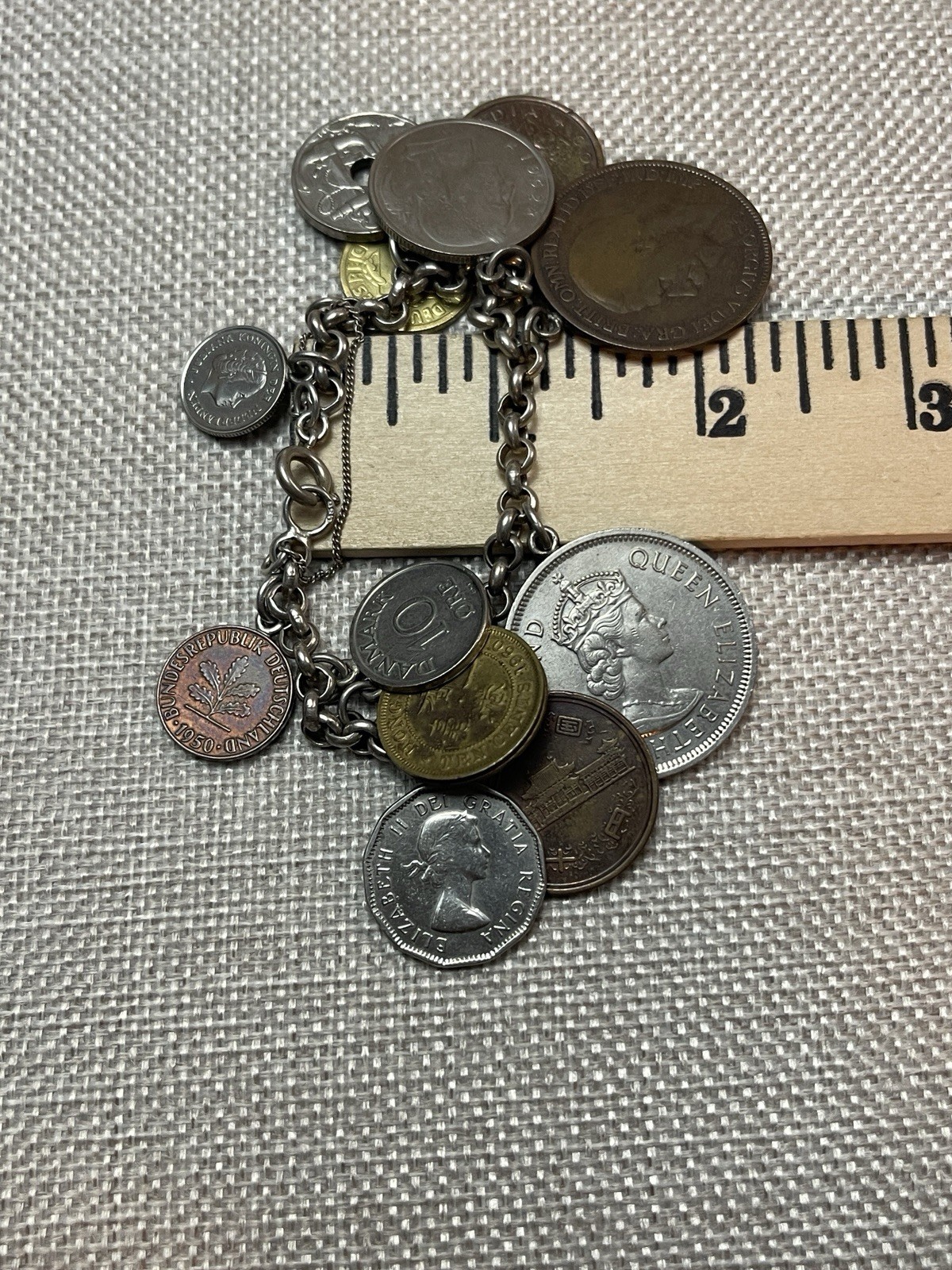 Vintage 1950s 925 Sterling Silver Foreign Coin Charm Bracelet 6.5” Inch