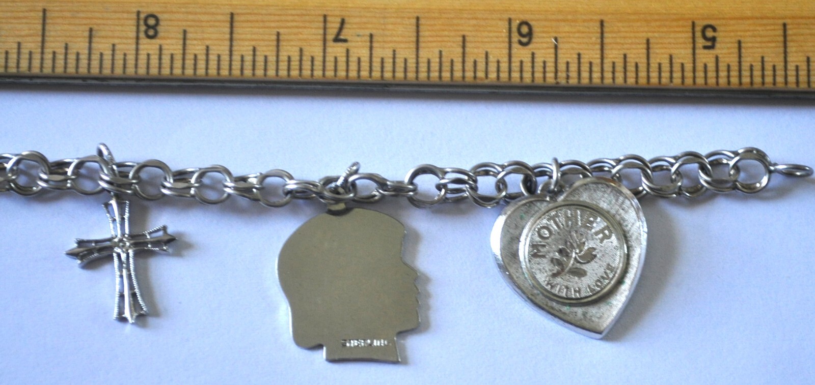 Vintage STERLING CHARM BRACELET cross, son, daughter, mom, aquarius .65 troy oz
