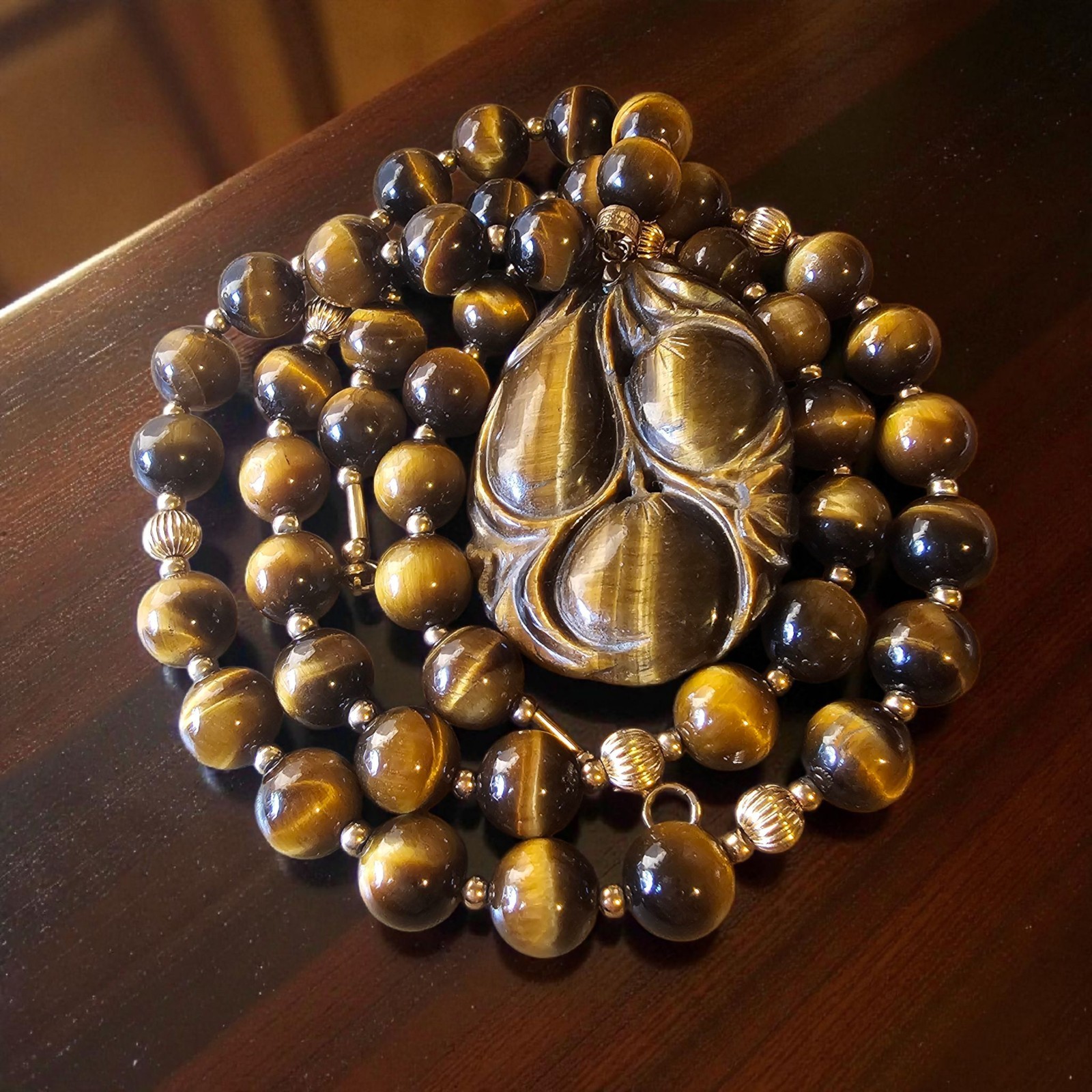 14k Gold Tigers Eye Carved Peach Floral 2″ Pendant 26″ NECKLACE 96 GR