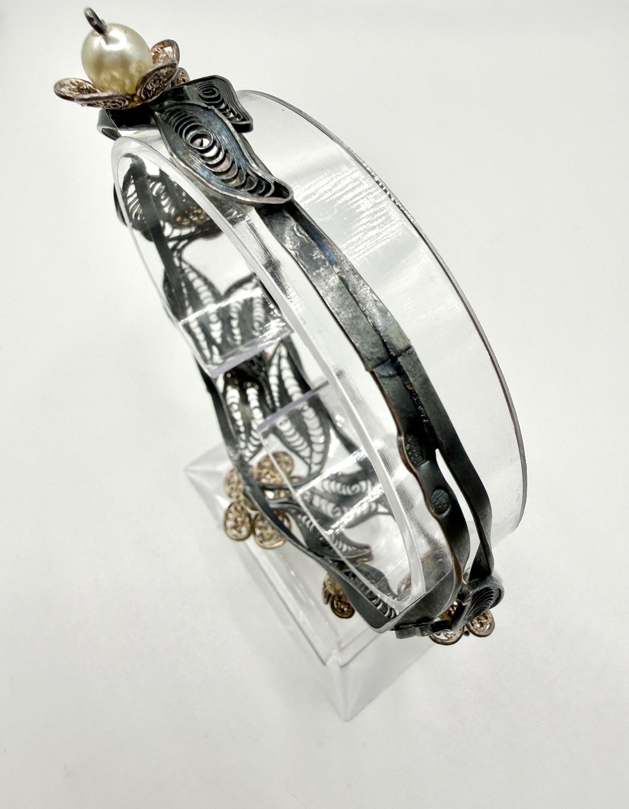 Rare Vintage Soviet USSR 960/950 Silver Filigree Hinged Cuff Bracelet Faux Pearl