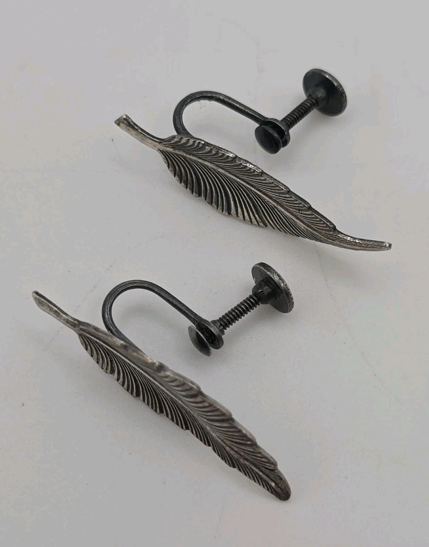 Vintage Silver Tone Bird Feather KIM Signed Etched Hippy Screw Back Boho Earring