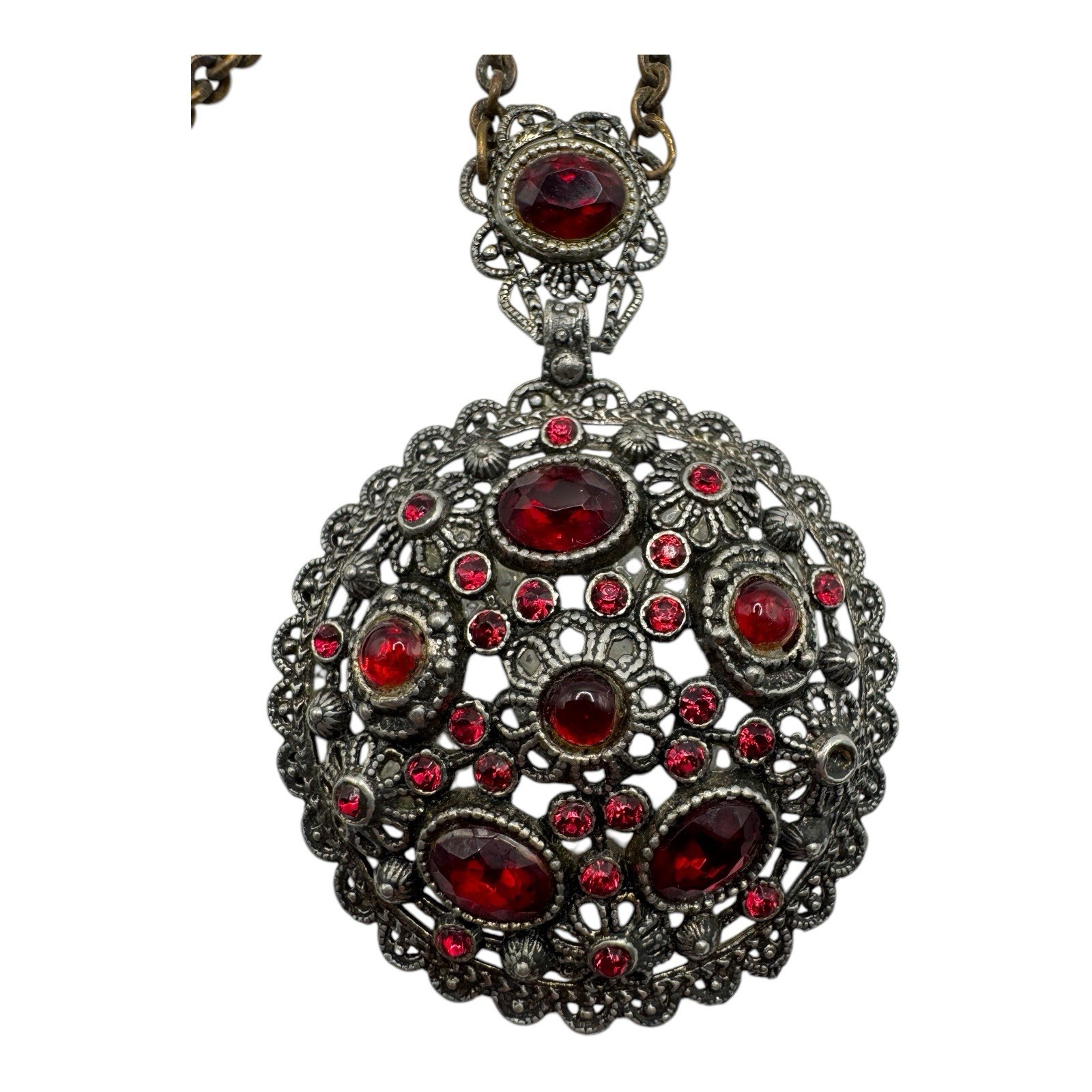 Vintage NE Glass Works Filigree Pendant Necklace – Red Glass Stones, Goblet Mark
