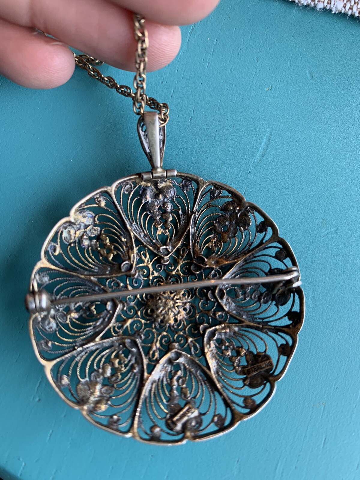 Filigree Coral Marcasite Germany Pendant Brooch Art Deco
