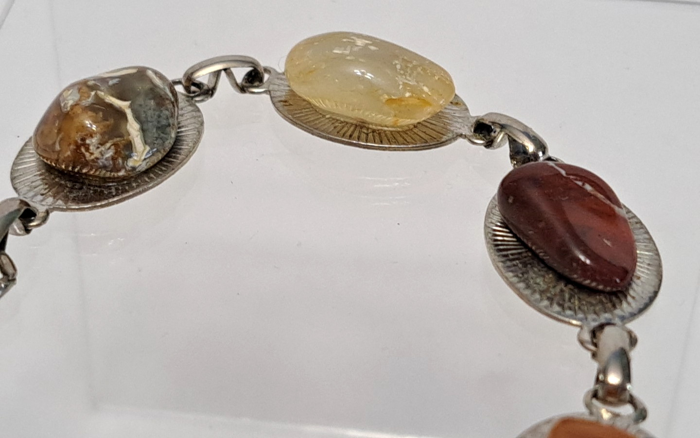 Vintage Silver Tone Tennis Bracelet Natural Precious Polished Stone Agates Color