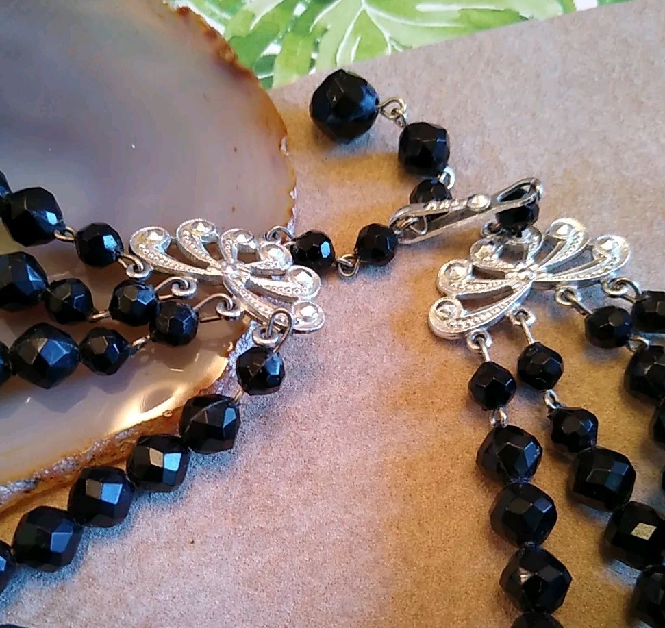 VTG Stamped “GERMANY” Only Plastic Black Faceted Bead Triple Strand Necklace!
