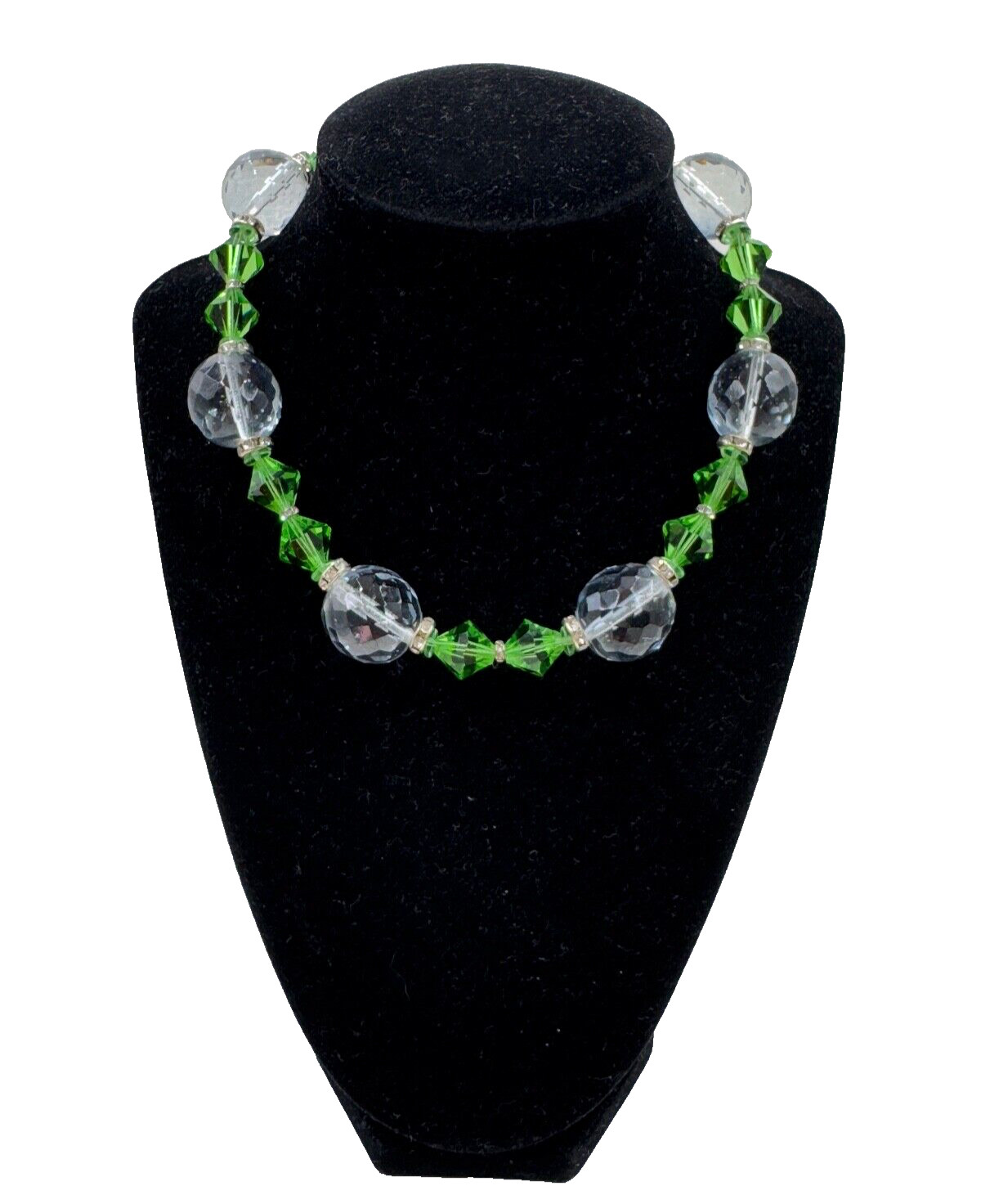 LRG MOONSTONE CLR FACETED CRYSTAL BEADS VIVID GREEN BI CONE ROUNDEL SPC NECKLACE
