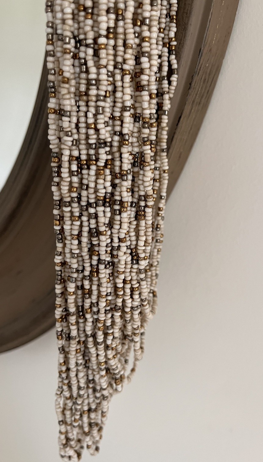 Vintage Multi Layered Ivory Gold Glass Seed Beaded Wood Hook Clasp Boho Necklace