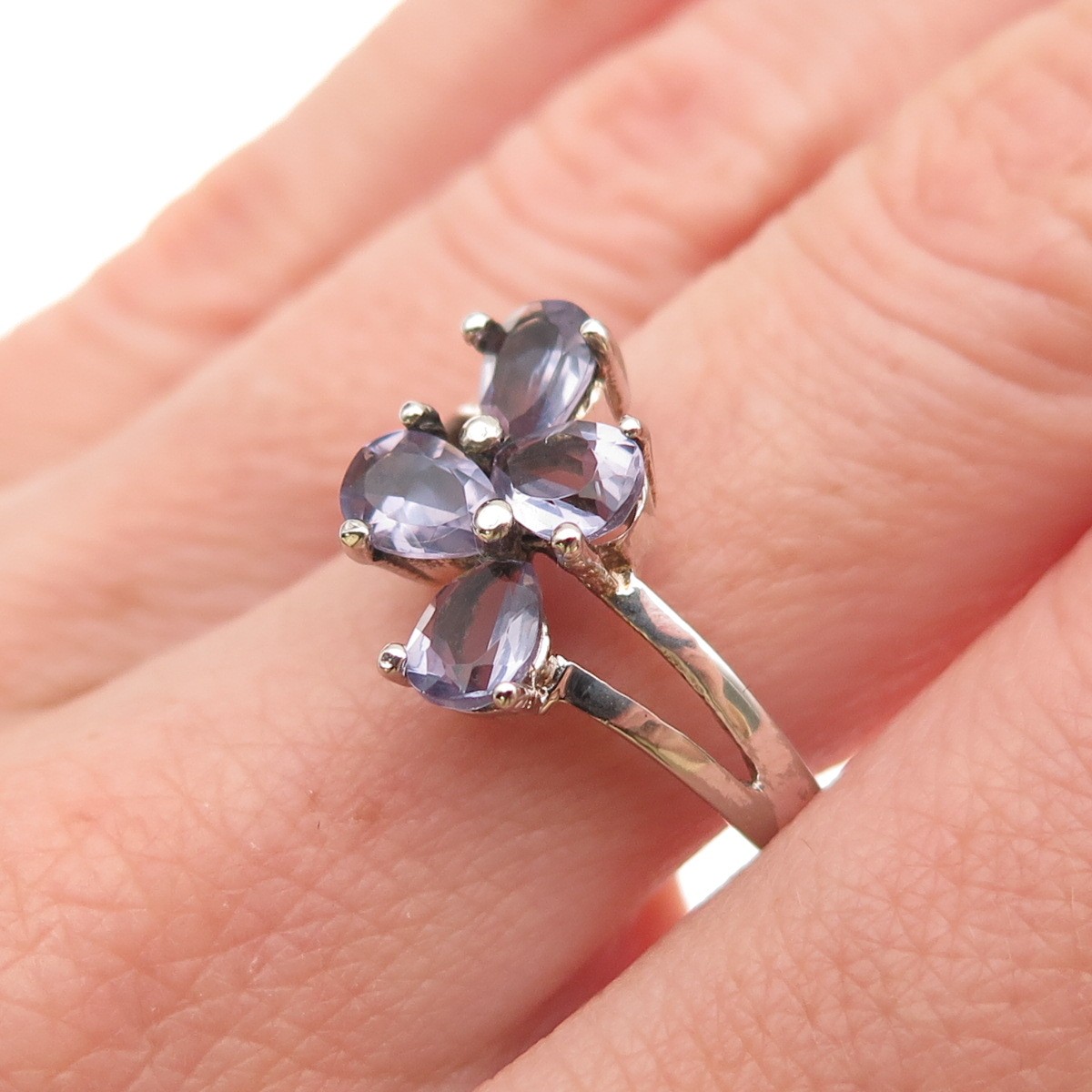 925 Sterling Silver Vintage Real Pear-Cut Iolite Cluster Ring Size 8.25