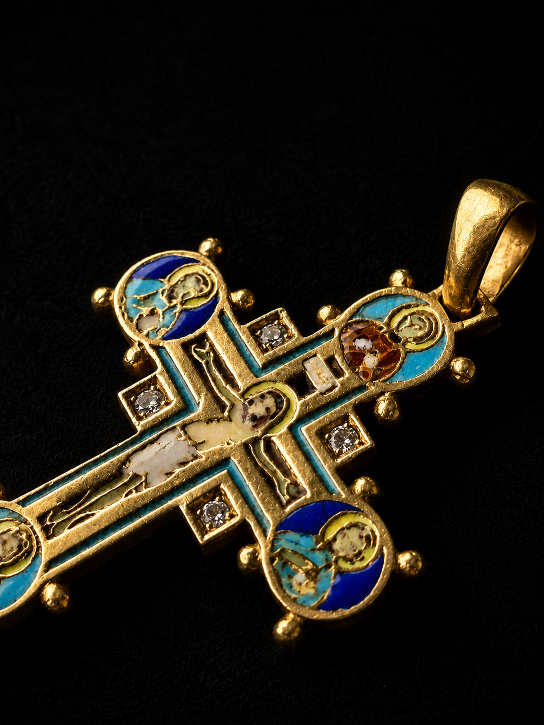 Antique Byzantine Revival Cross Pendant 18K Gold Enamel 4 Diamond Rare Religious