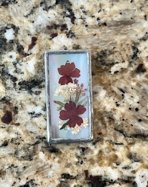 Vintage Handmade Iridescent Glass Pressed Dried Flower Silver 2” Framed Brooch