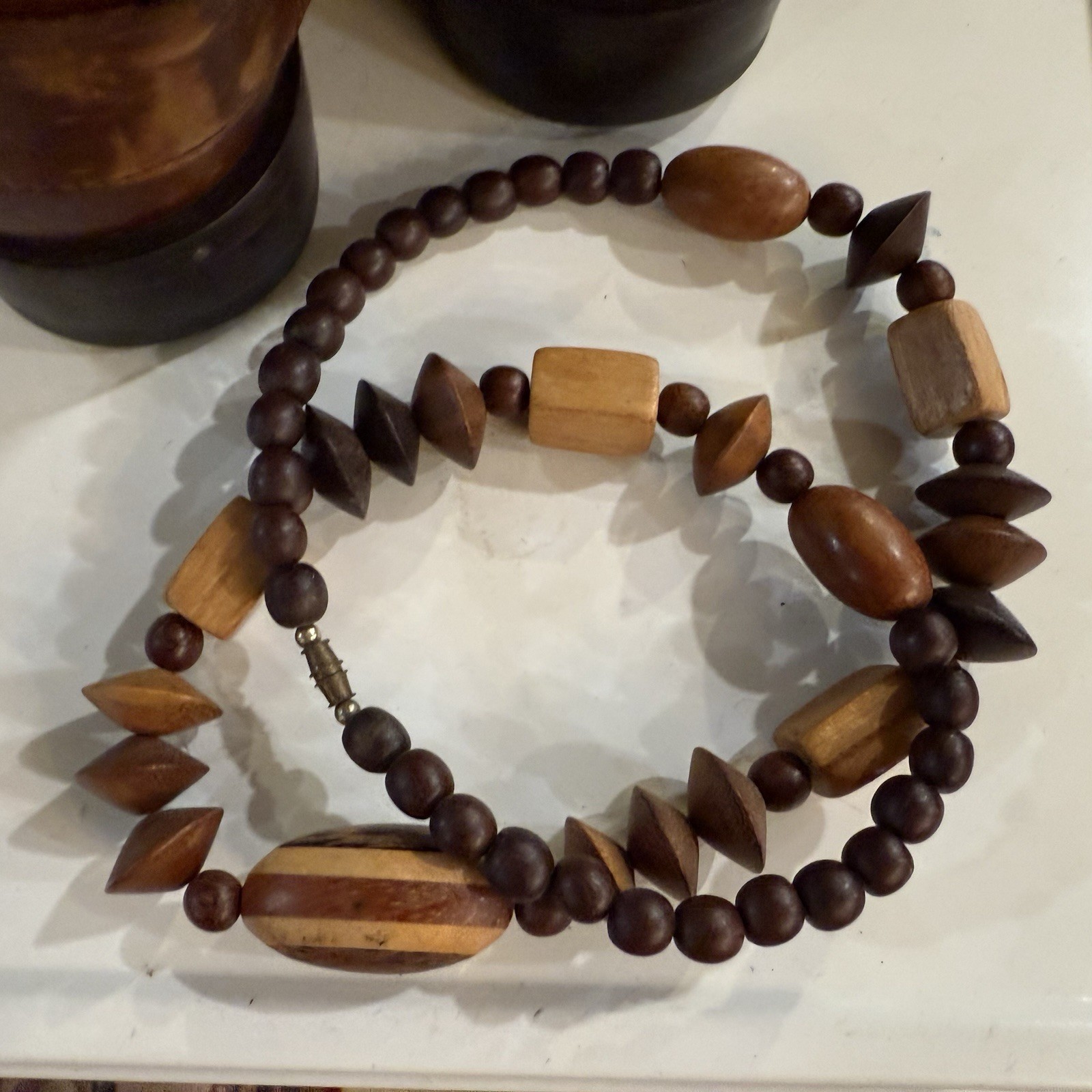 Vintage Carved Wood Beaded Necklace Bohemian Chunky Statement Barrel Clasp 27”