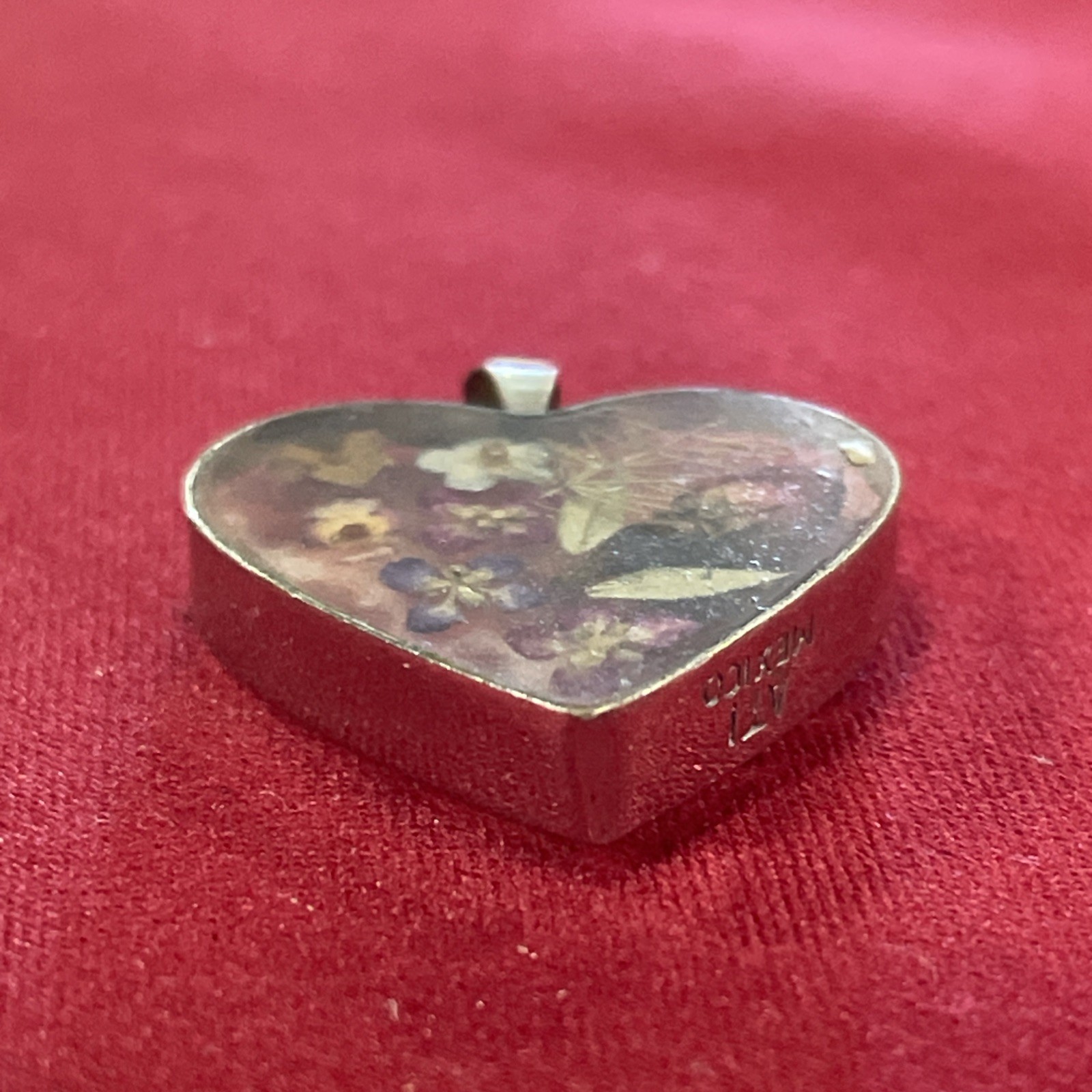 Vintage Silver Toned ATI Mexico Preserved Flowers Resin Heart Pendant