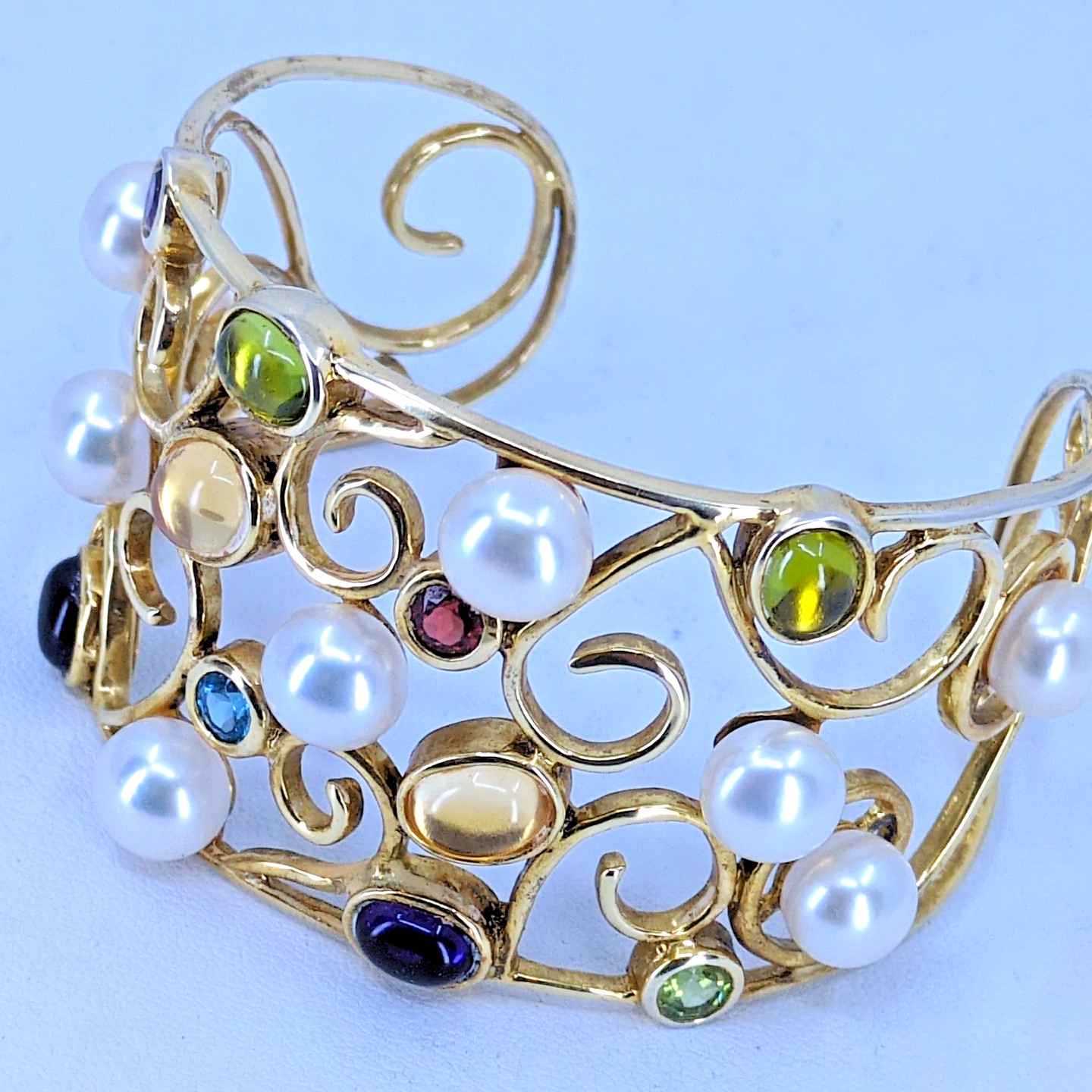 Gold Wash 925 Sterling Silver Multi-Gemstone & Mabe Pearl Filigree Cuff Bracelet
