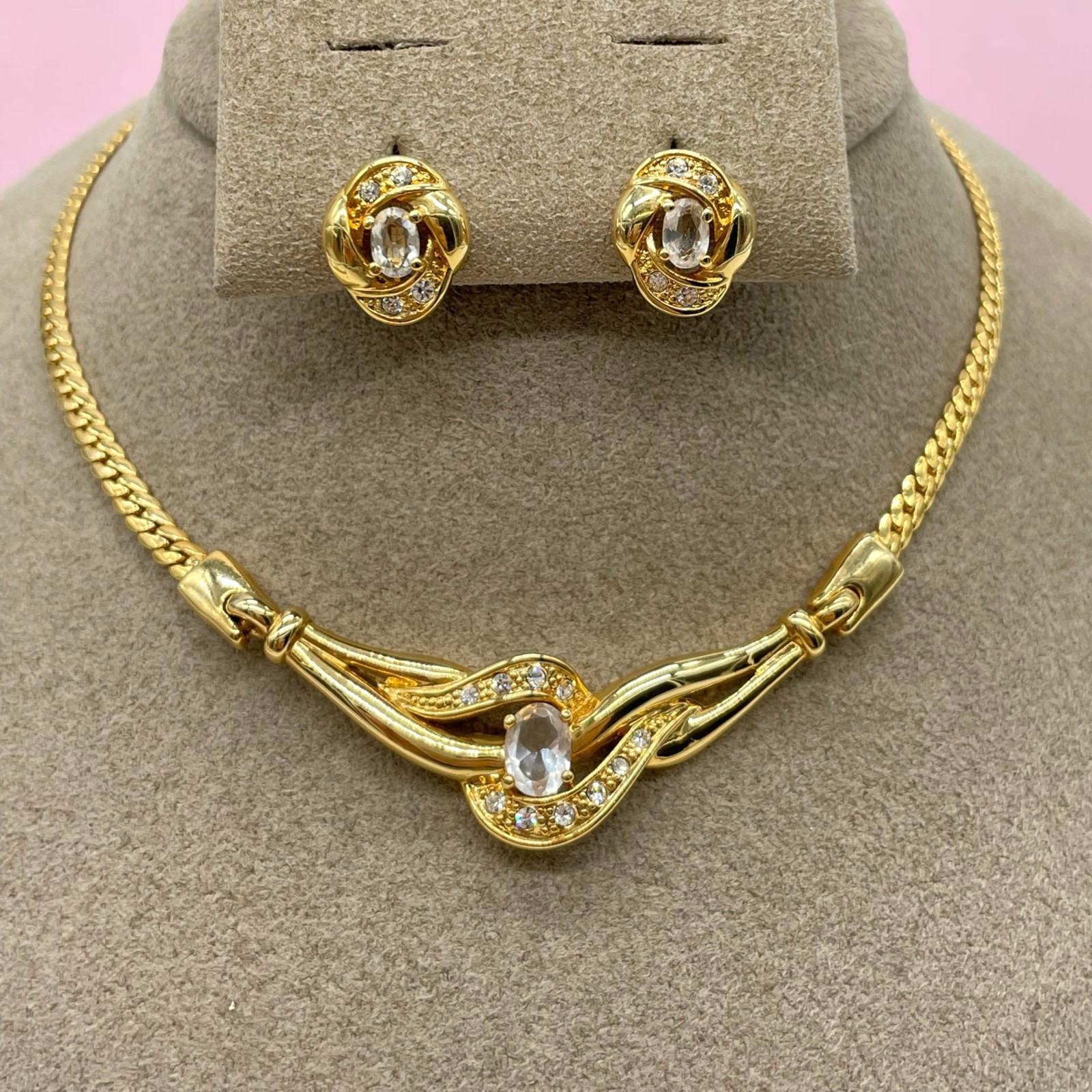 Gold Plated Herringbone chain with Rhinestone wave design pierced earrings set
