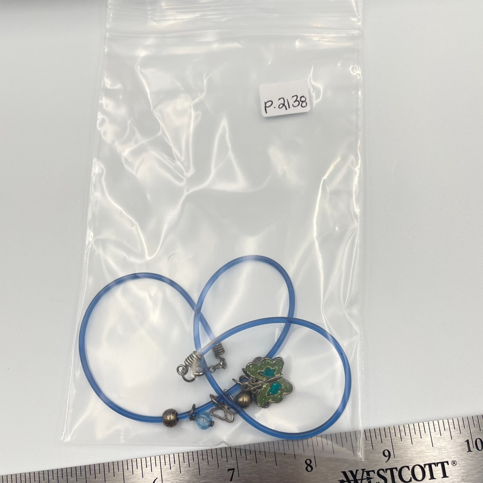 Vintage Y2K Blue Rubber Cord Necklace Butterfly Flower Charms Enamel Goth Grunge