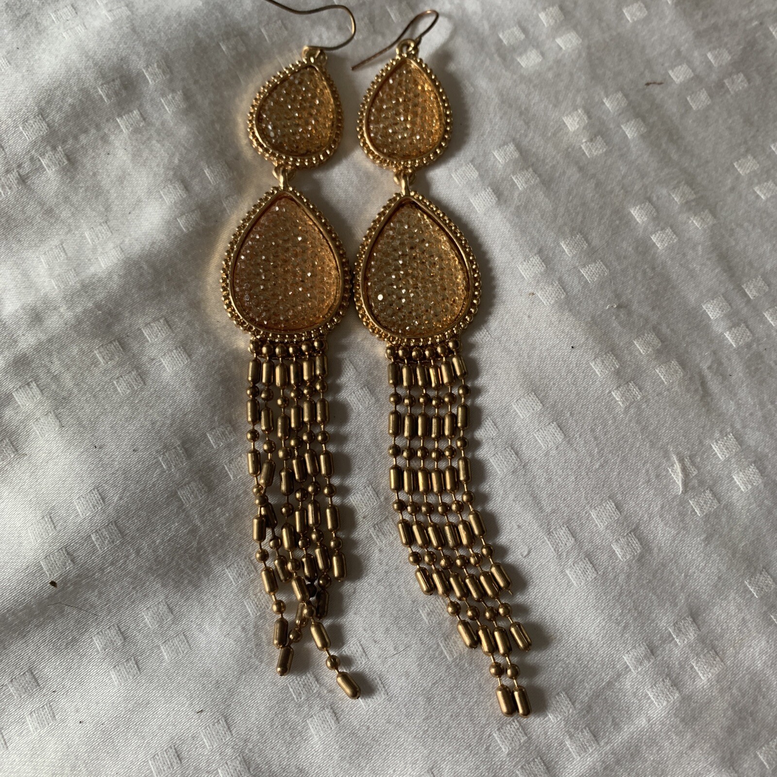 Gold Tone LONG CHANDELIER 4” peach faux topaz TEARDROP PIERCED Earrings
