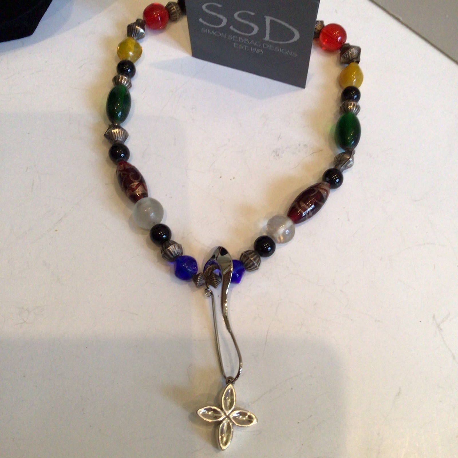 SPECIAL SEBBAG VON MUSULIN NECKLACE STERLING FLOWER W/GORGEOUS GLASS BEADS