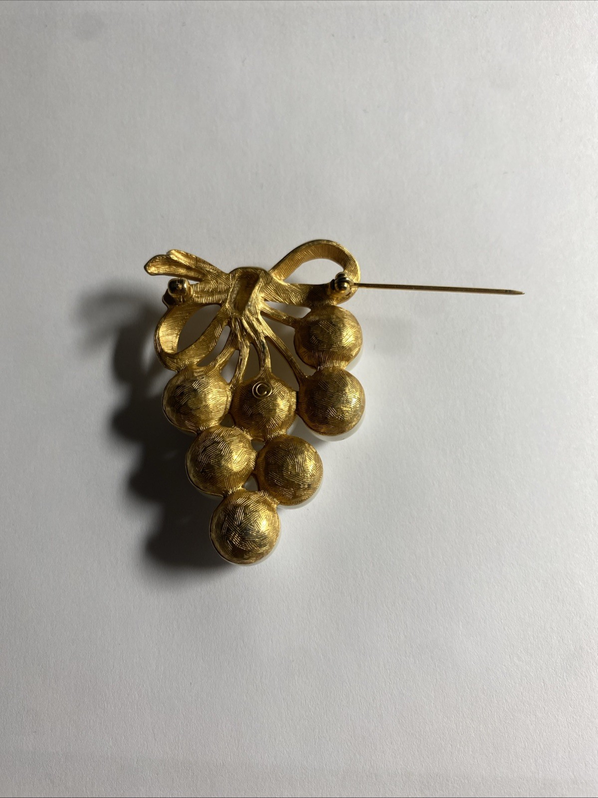 Vintage Gold Bunch of Grapes Brooch with Faux Pearls and Bow