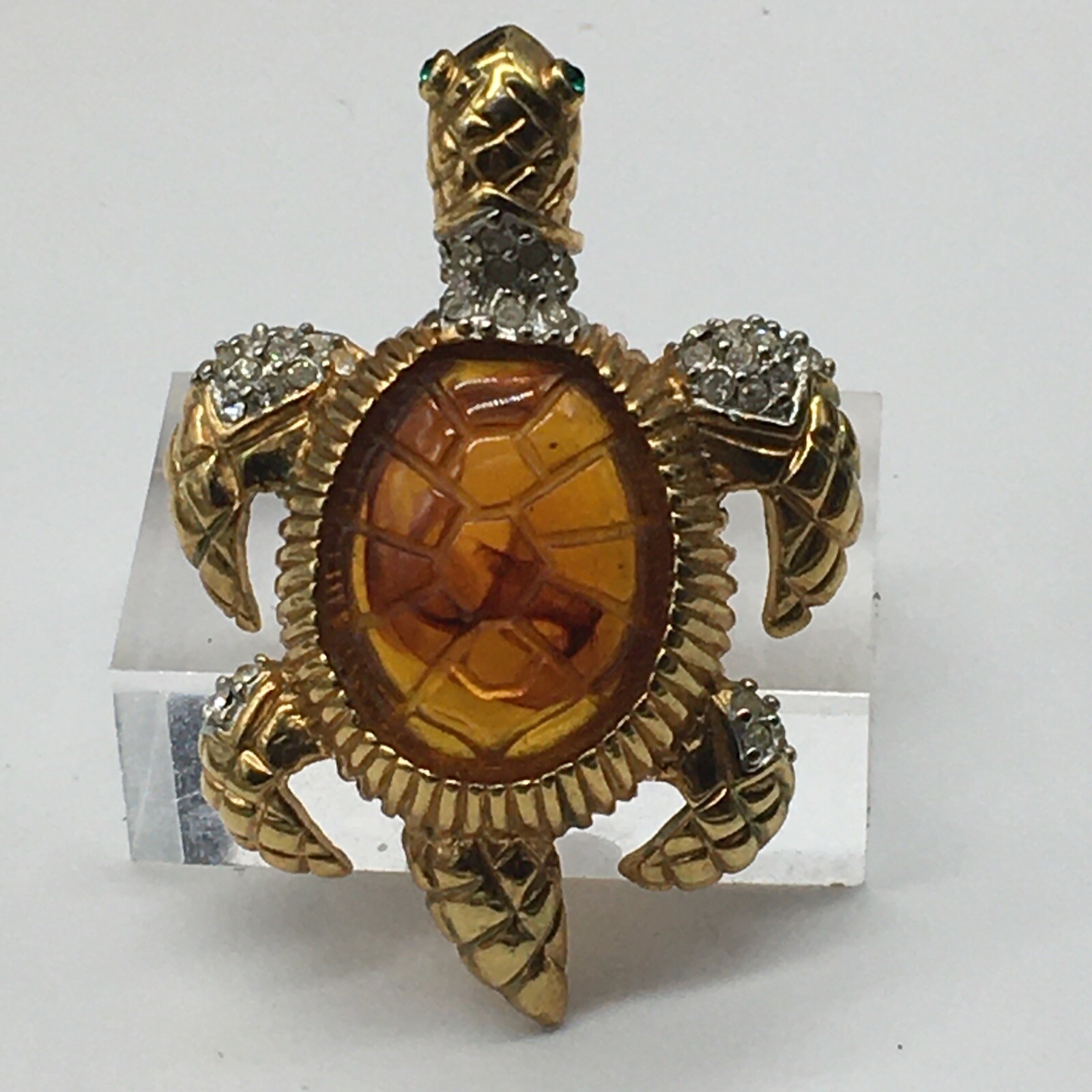Multicolored Sea Turtle Brooch Jeweled Rhinestone Gold Tone Amber Lucite Belly