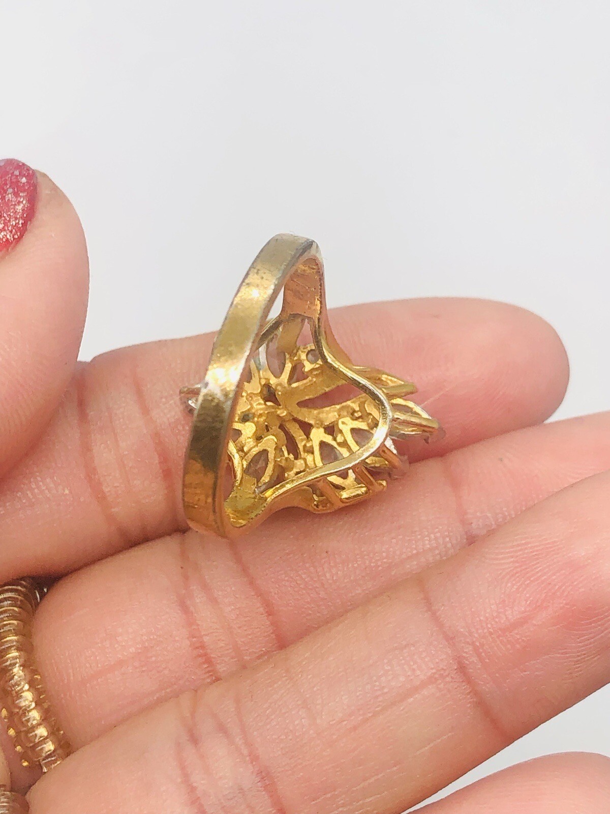 Vtg 14K GE Clear Glass Rhinestone Cocktail Ring Sz 8.75