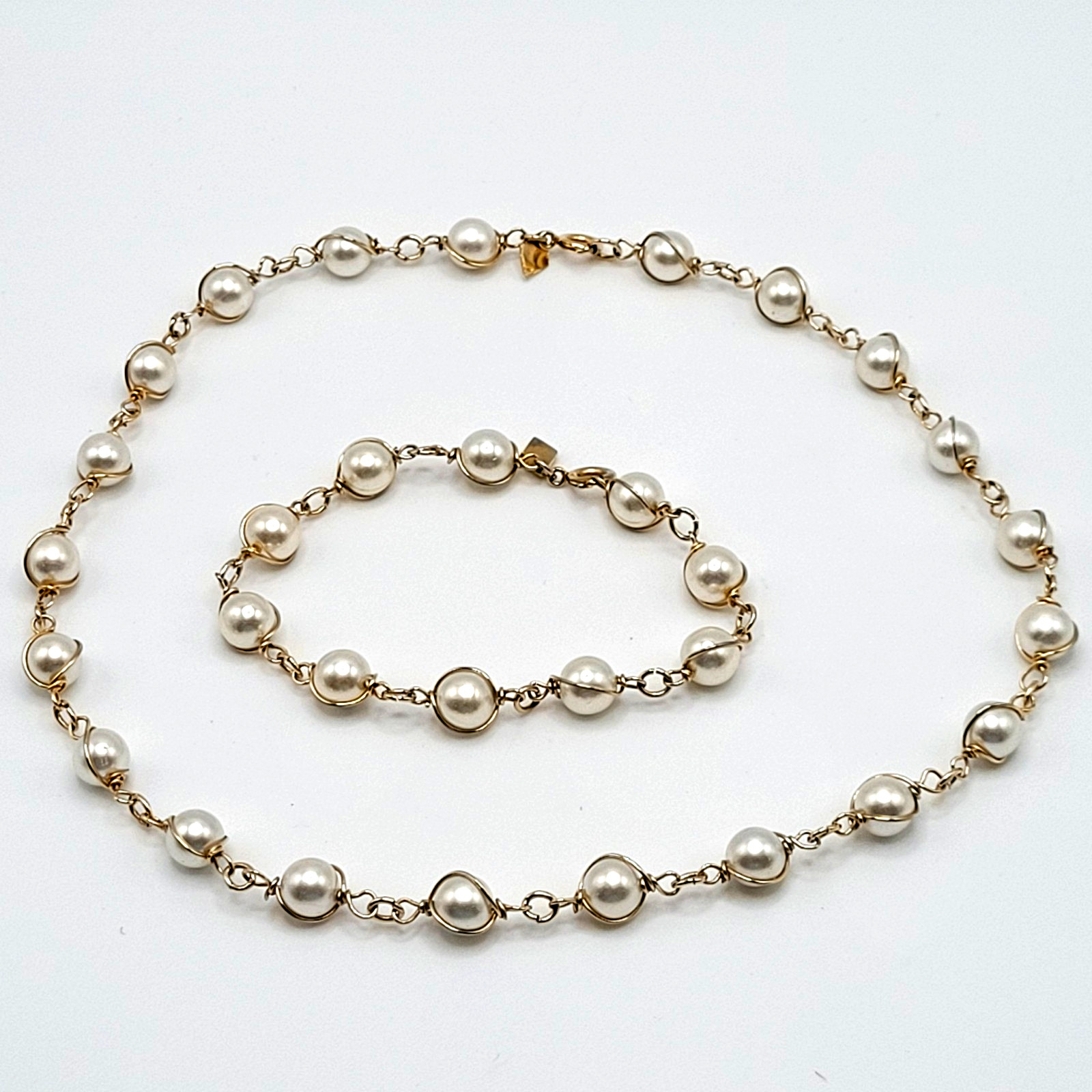 Sarah Coventry Faux Pearl Caged Style Bracelet 7.25 in Necklace 16 in Vtg Signed