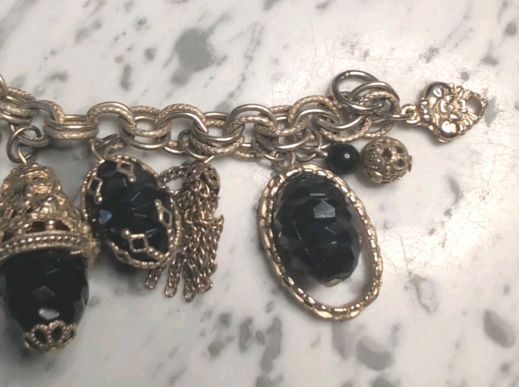 Vintage Black And Gold Tone Chain Ball Dangles Charm Bracelet Pendants.