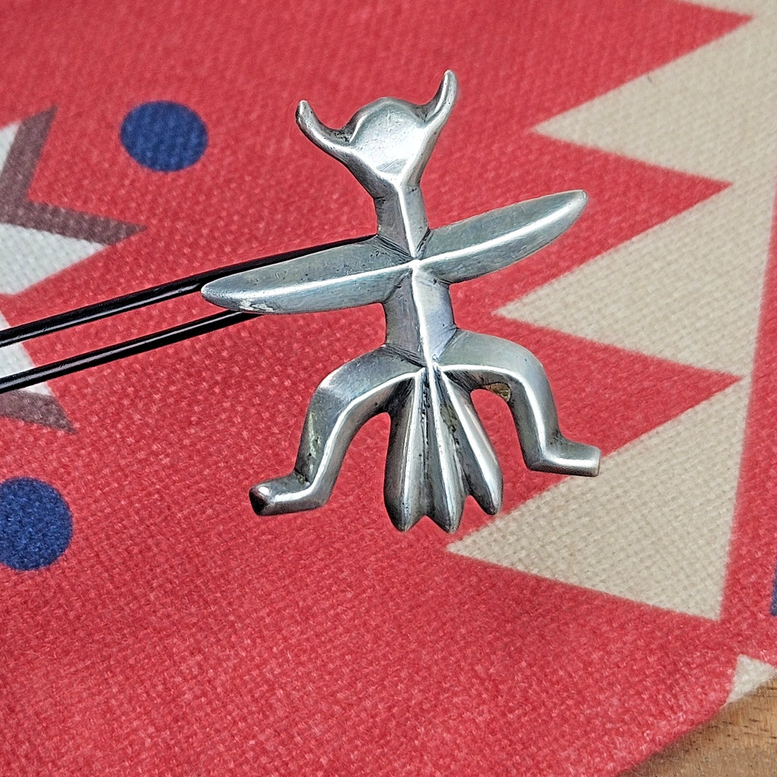 Old Pawn Navajo Cast Sterling Silver Horned Man Bird Figural Brooch Pin, c.1950s
