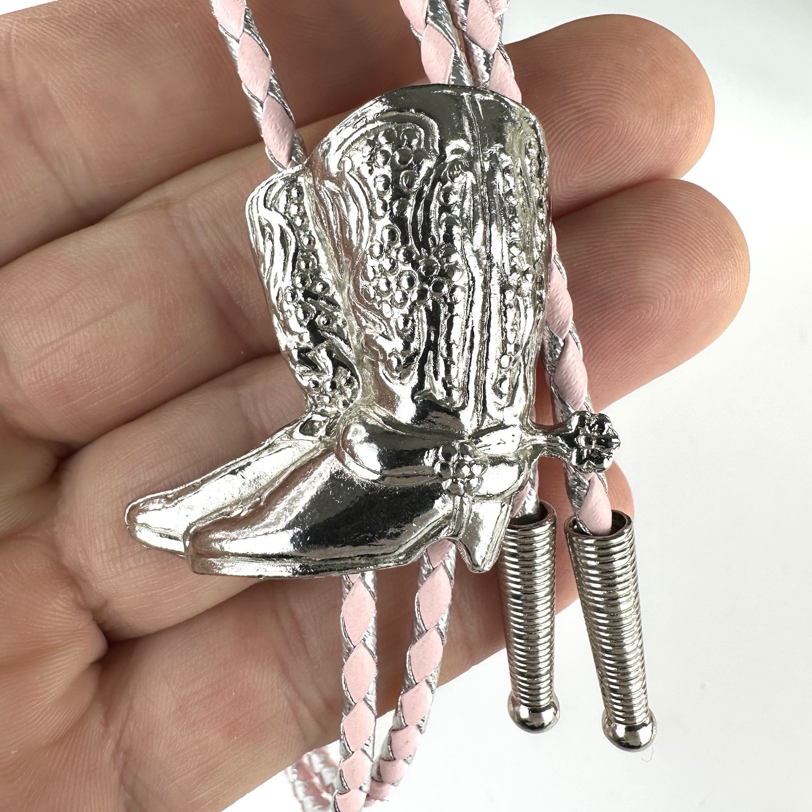 Stunning Vintage 90s Chrome Silver Tone Boots And Spurs Western Bolo Tie