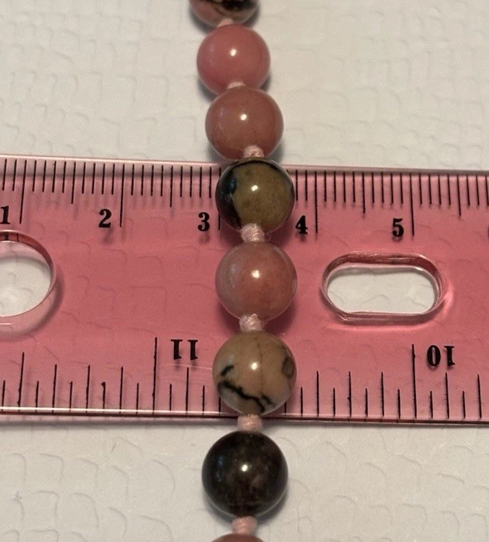 Vintage Pink/Black Rhodonite 8mm Beaded 30” Necklace Hand Knotted Silk No Clasp