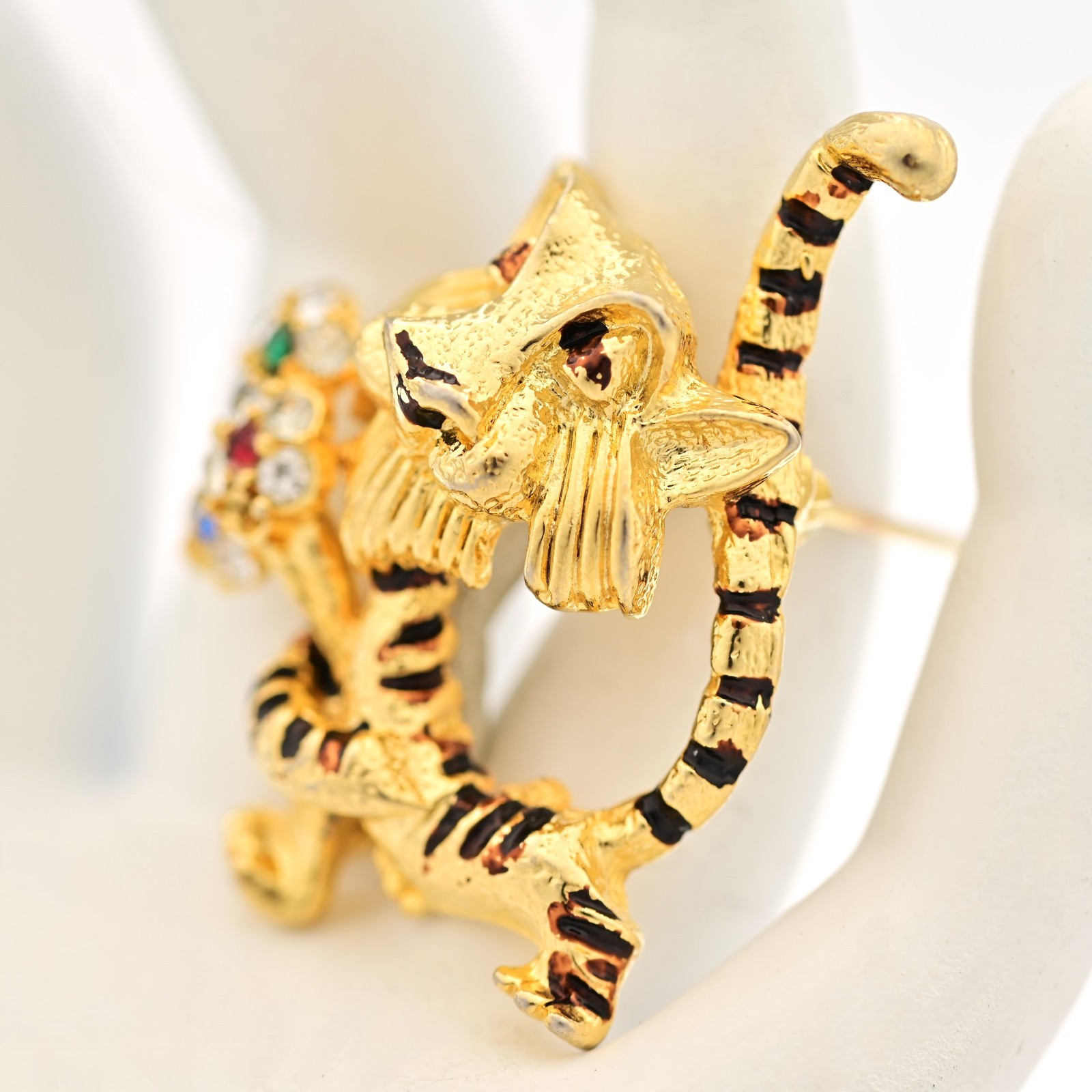 J MAZER Original Vintage Multi Rhinestone Enamel Estate Flower Tiger Brooch Pin