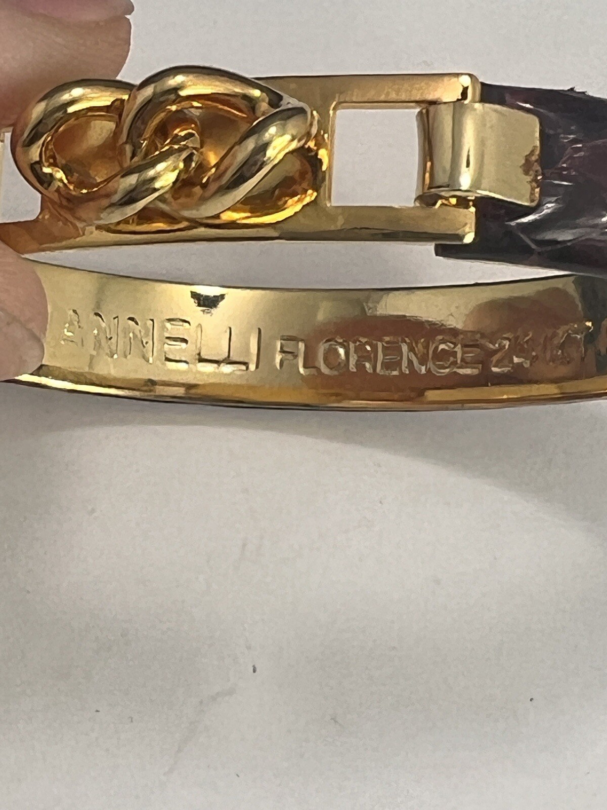 Vintage MANNELLI Florence 24 Kt Gokd Plated Brown Leather Hinged Bracelet