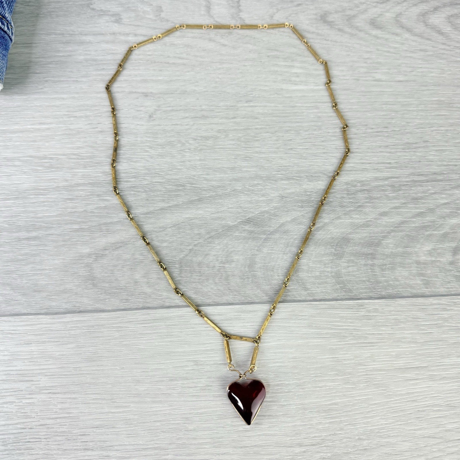Antique Art Deco Gold Brass Tone Bar Link Long Chain Pendant Necklace