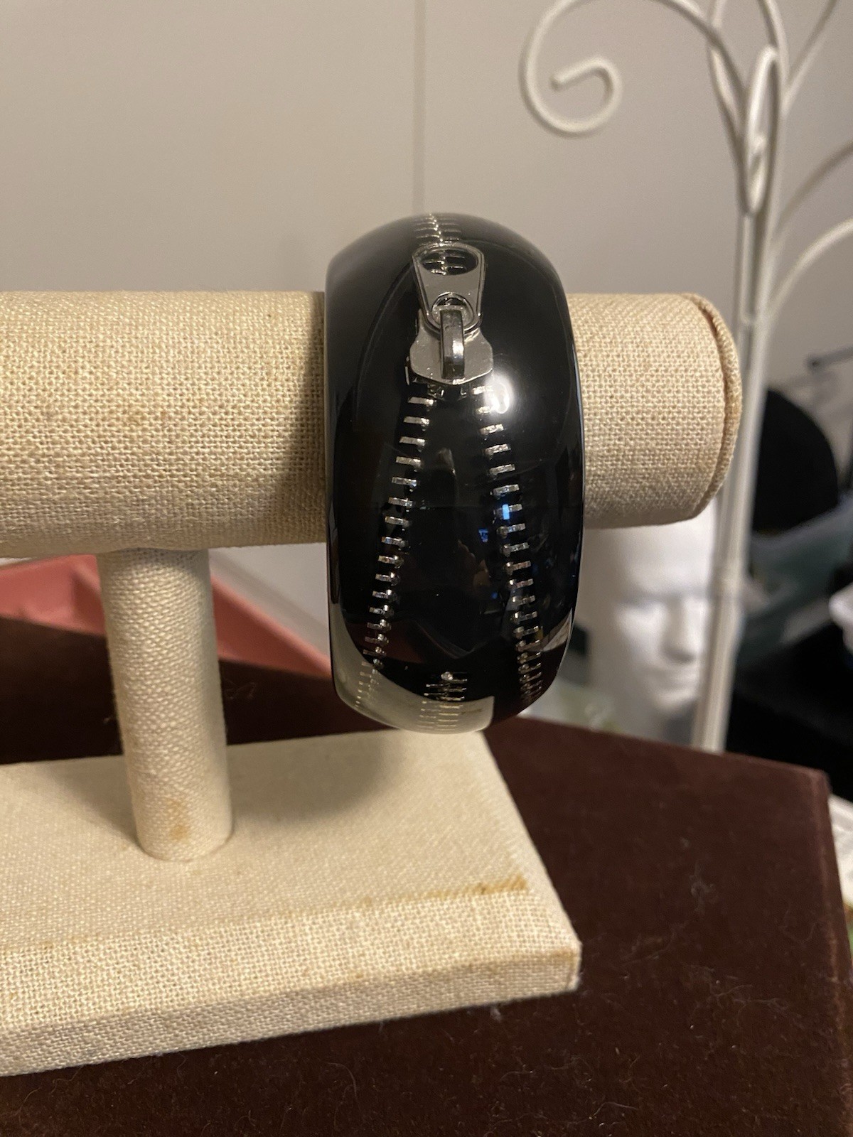 1980s Vintage Zipper Bangle Bracelet Black With Silver Tone Zipper Embedded
