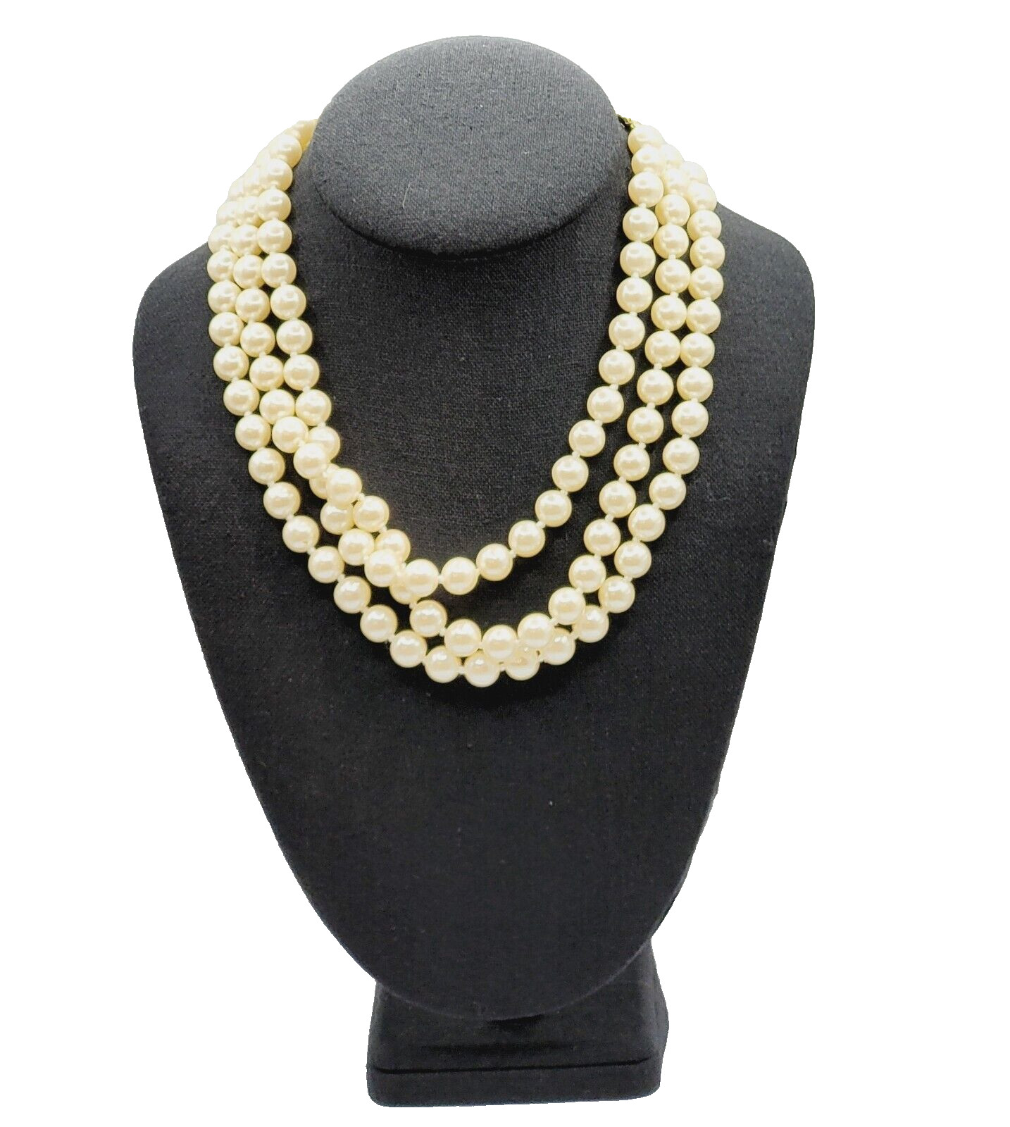 Triple Strand Faux Pearl Hand Knot Gold Tone Clam Shell Charm Clasp Vtg Necklace