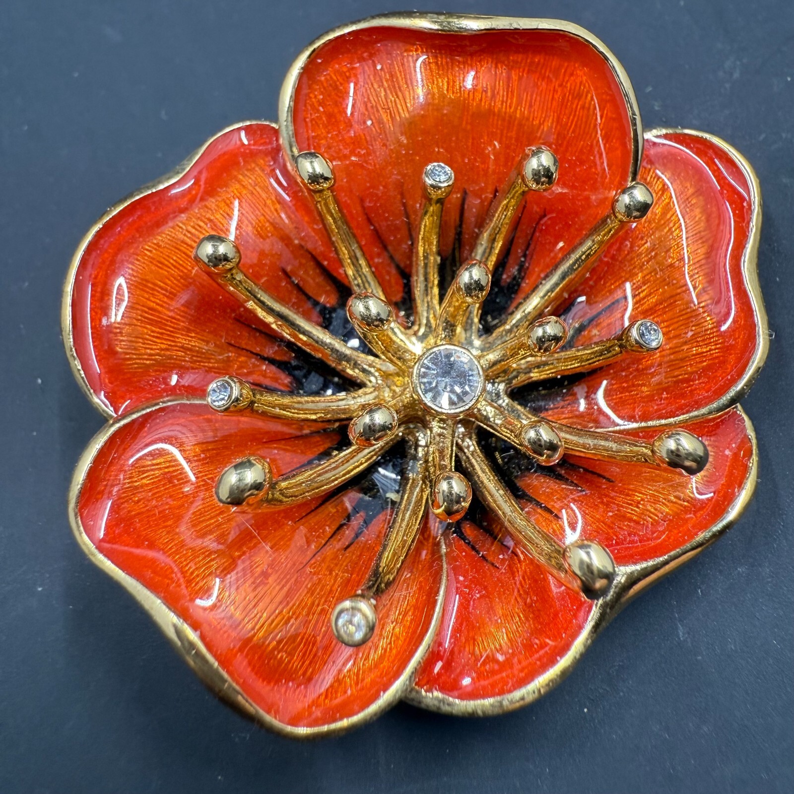 🌺 Vintage Monet Red Poppy Flower Brooch 1.5″ Gold Tone Rhinestone Pin Signed 🌟