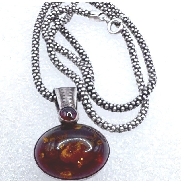 Sterling Silver Baltic Amber Necklace Antiqued Popcorn Chain 16″ 12g Signed