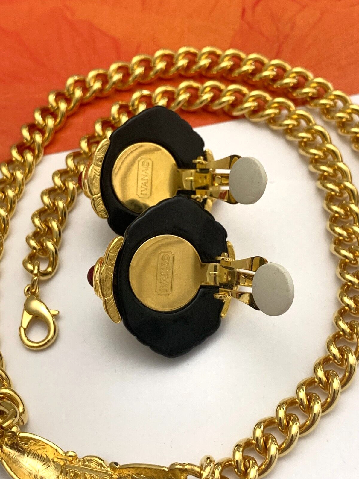 Vintage IVANA Trump Elegant Necklace & Earrings Set Rich Gold-Tone Red Cabochons