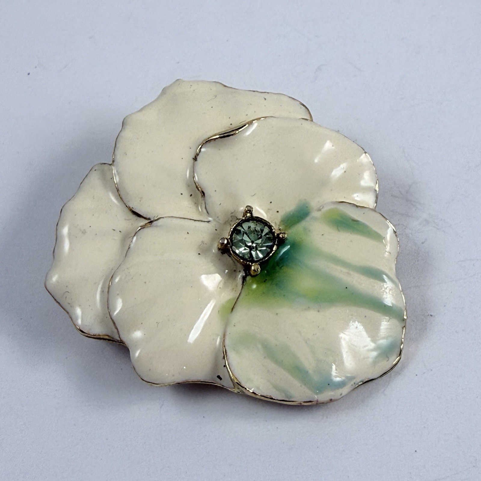 Vintage Enameled Off White & Green Rhinestone Pansy Flower Brooch Pendant