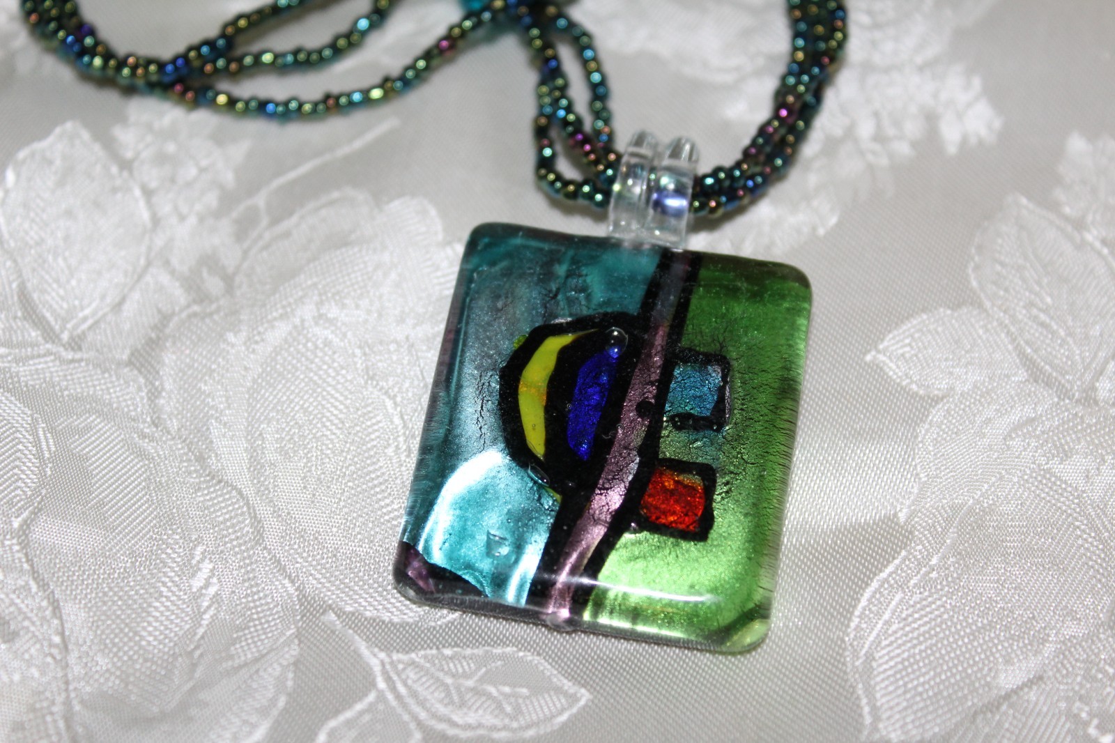 VTG HAND MADE FUSED GLASS PENDANT NECKLACE+DANGLE HOOKS TEAL&DESIGN