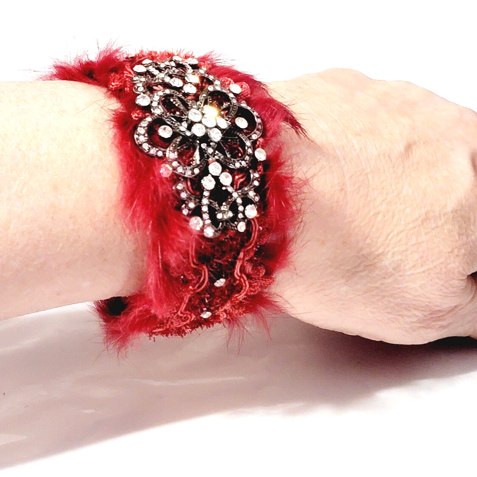 Faux Fur Red Cuff Bracelet Ornate Rhinestones Diva Statement Jewelry cfb