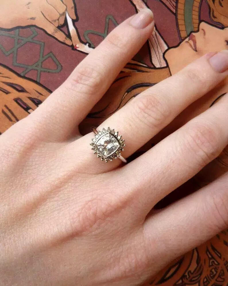 Art Deco 1.2Ct Cushion Cut Lab Created Diamond 14K White Gold FN Engagement Ring