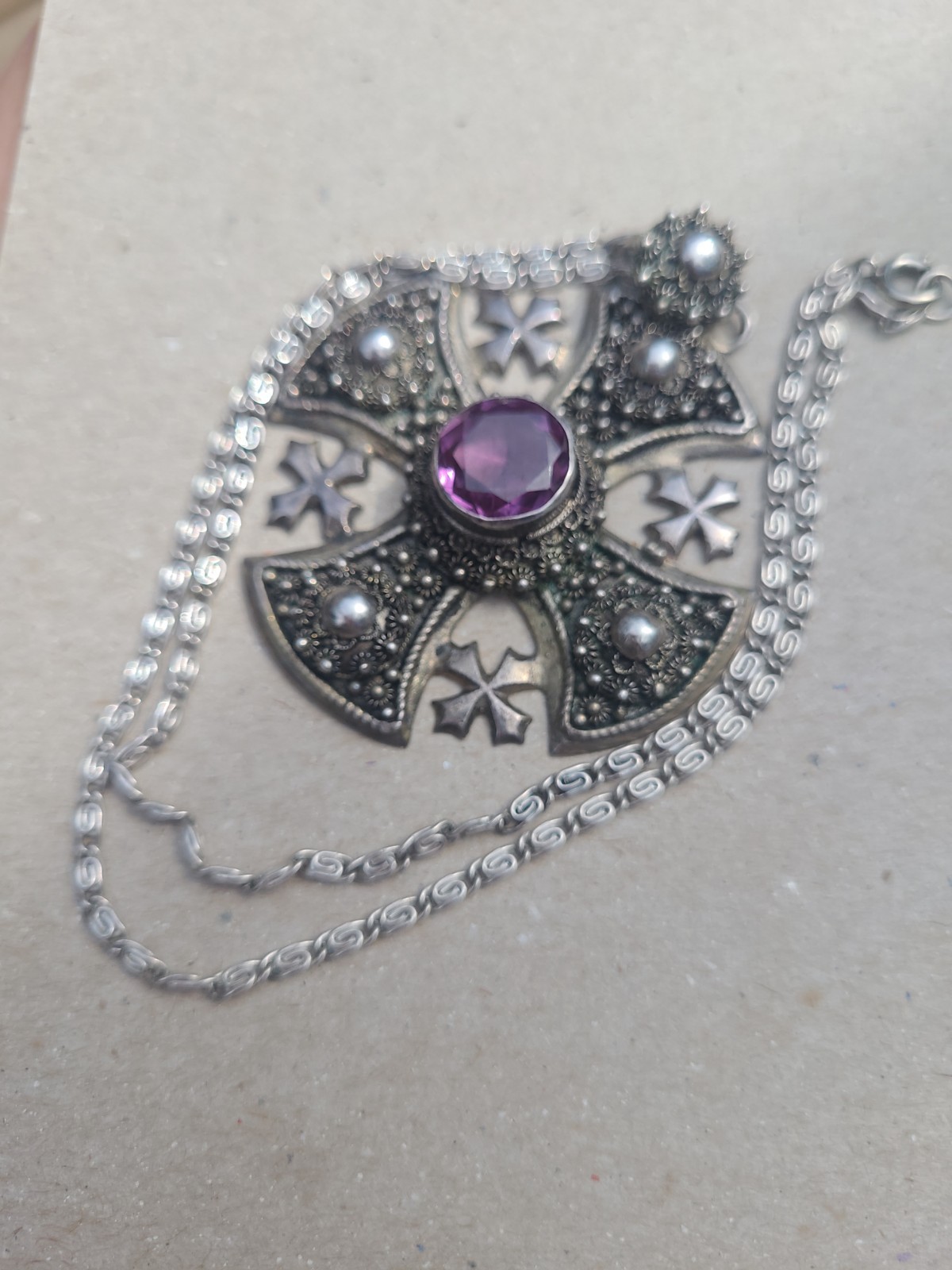 Sterling Silver 950 Jerusalem Maltese Cross Pendant Amethyst W/Earrings