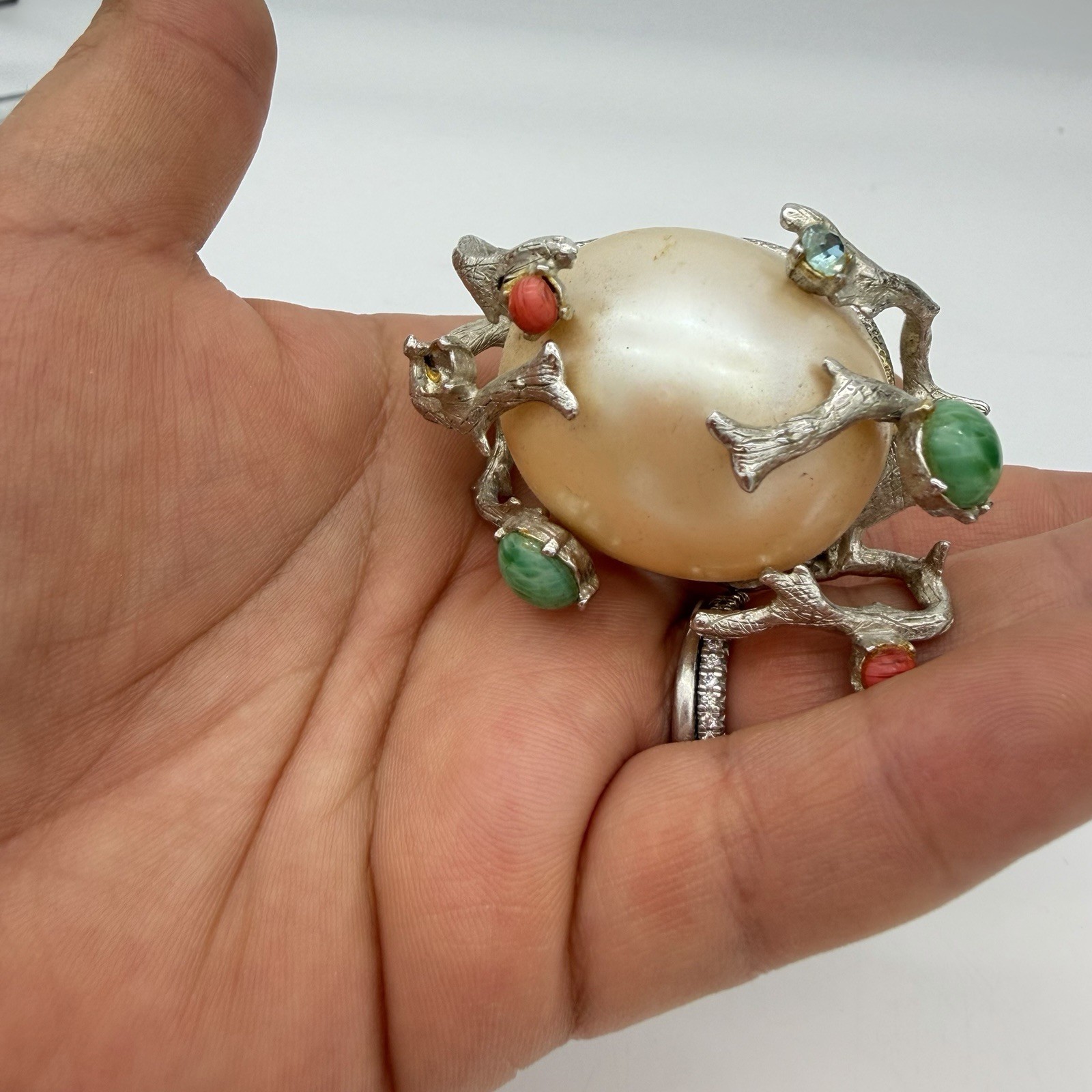 Vtg Huge Faux Pearl Pin Brooch Green Coral Cabochon Branches Rare Estate Read
